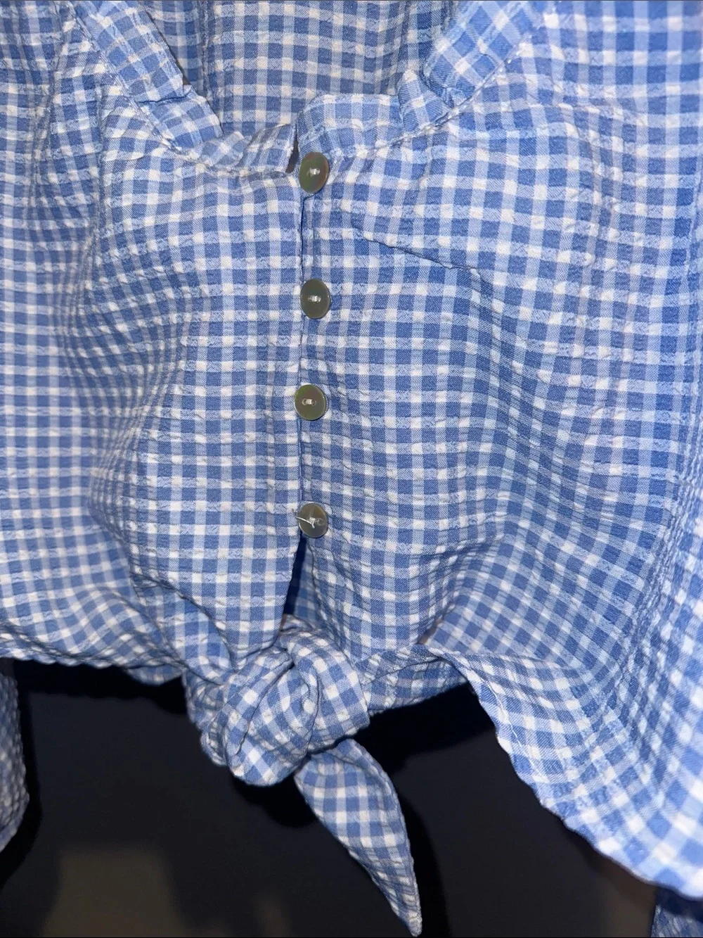 Zara Light Blue Gingham Tie-Front Peasant Blouse